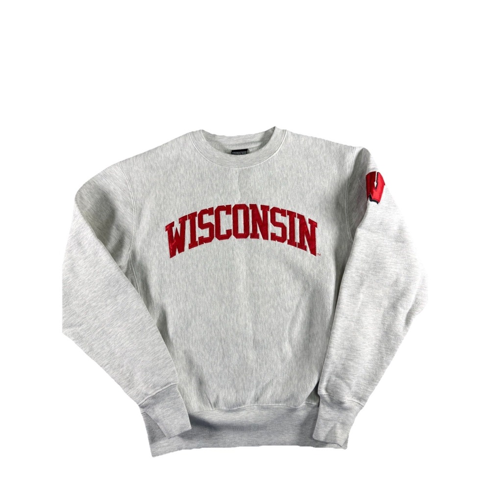 Vintage Inspired WISCONSIN‎  Badgers Lt Gray Crewneck Sweatshirt Red  Lettering